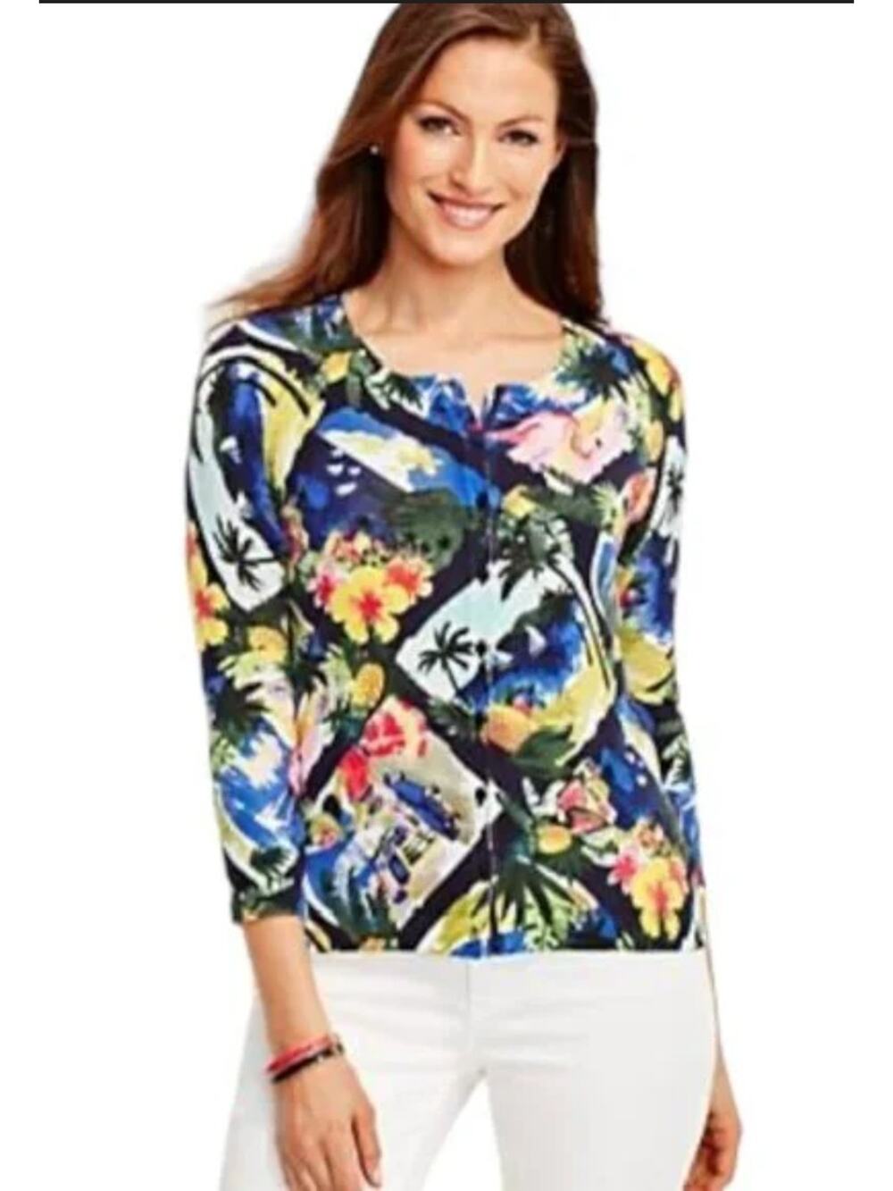 Talbots Plus Size Cardigan Tropical Floral Print Size 3X Petite 3/4 Sleeve